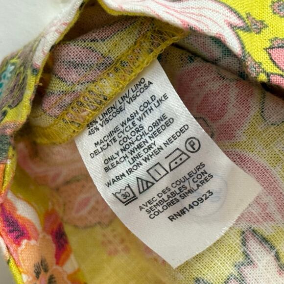 Loft Linen Artsy Yellow Floral Puff Sleeve Top Large Square Neck Boho Vacation - Picture 9 of 13